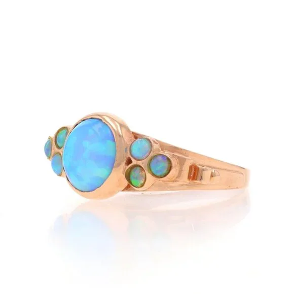 Rose Gold Lab-Created Opal Ring - 14k Round Cabochon 1.11ctw Bezel Set